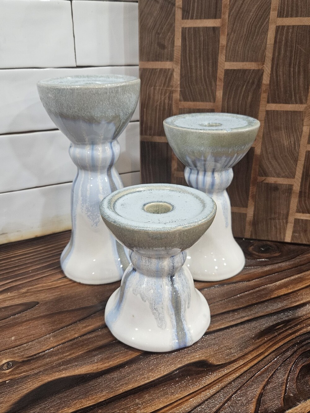 Art Pottery Graduated Ceramic Reactive Drip-Glaze Candlestick Holders Set